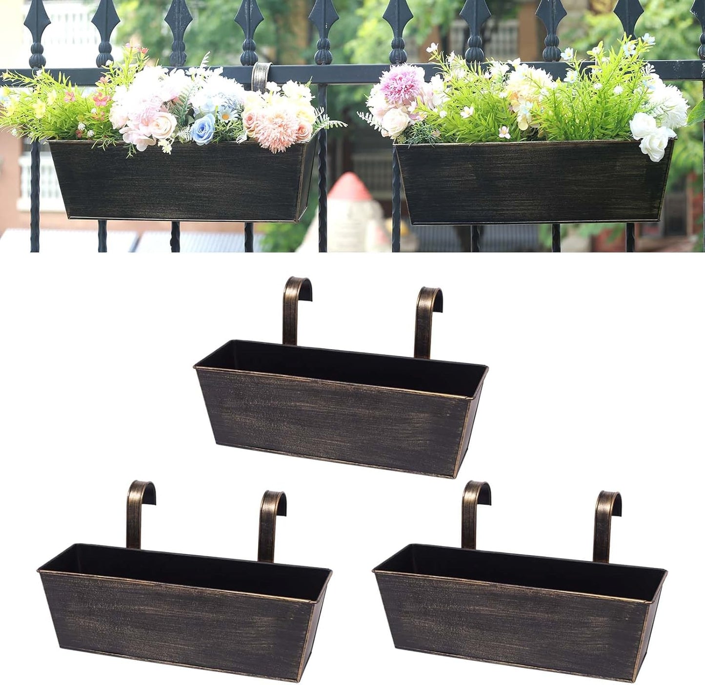 Hanging Planters for Outdoor Plants 16 Inch Railing Planter Box for Balcony Deck Window Metal Rectangular Fence Flower Pots with Drainage Holes for Patio Porch Outside Garden Decor(3 Pack)