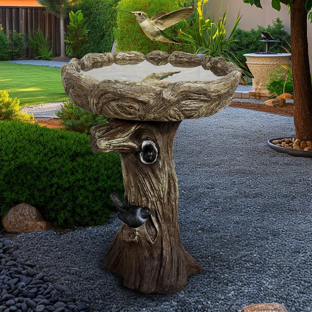 SKYFIRE 23” Tall Fibre Reinforced Concrete Birdbaths with Birds for Patio, Woodland Tree Trunk Decorative Outdoor Bird Bath for Garden，Pedestal Birdbaths for Outdoors, Garden, Patio, Lawn, Backyard
