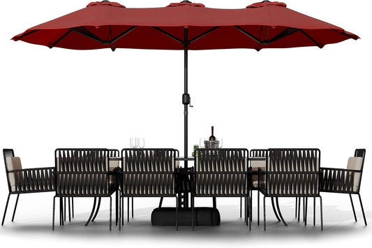 Shintenchi 16FT Large Patio Umbrella with Base, Outdoor Double-Sided Rectangular Umbrella, Market Umbrella with Crank Handle for Poolside Lawn Garden, Red