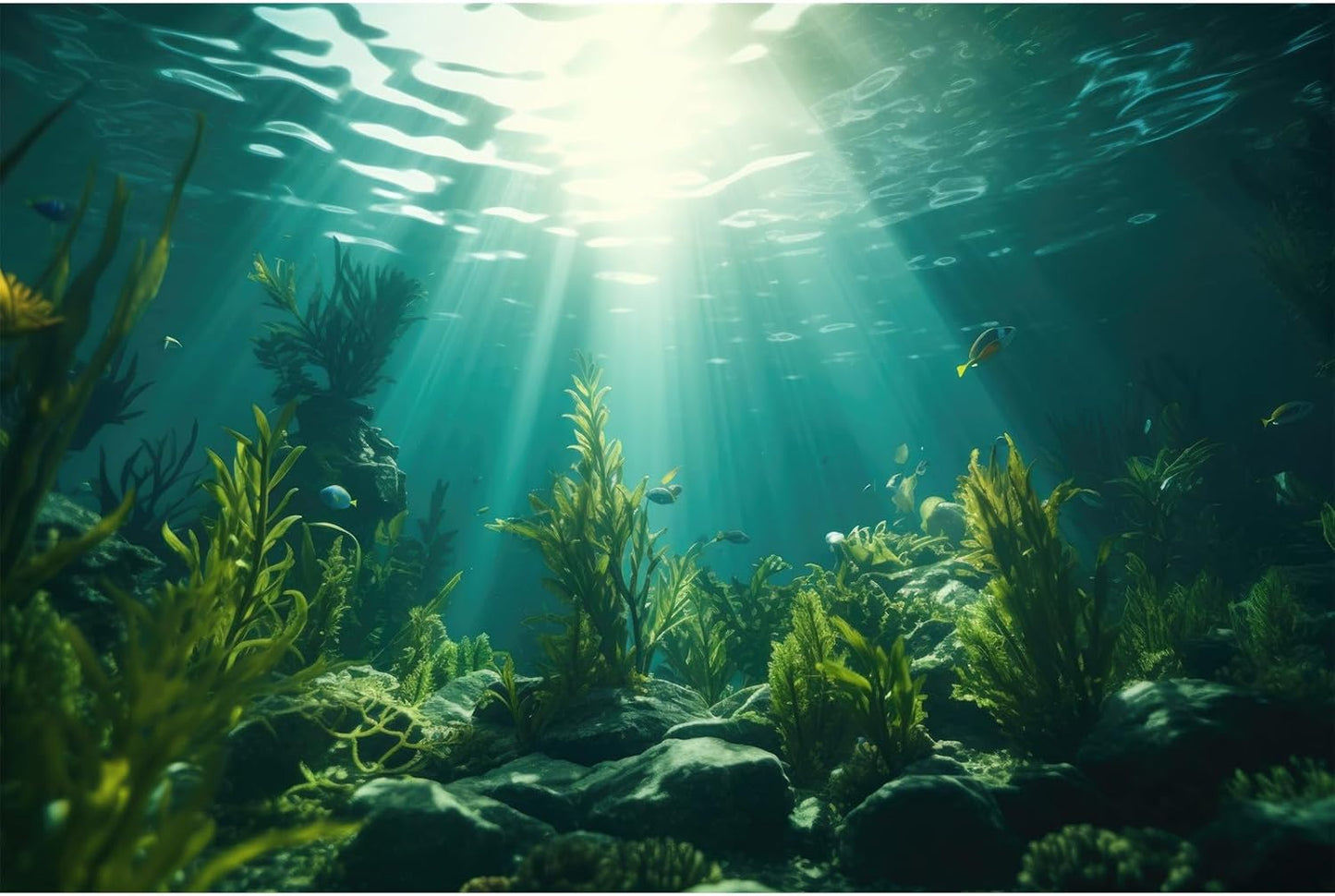 Ocean Aquarium Background Aquatic Plants with Rocks Terrarium Backdrop Sunlight Rays Deep Sea Fish Tank Background Aquarium Wallpaper Poster Decor Vinyl 48x24in