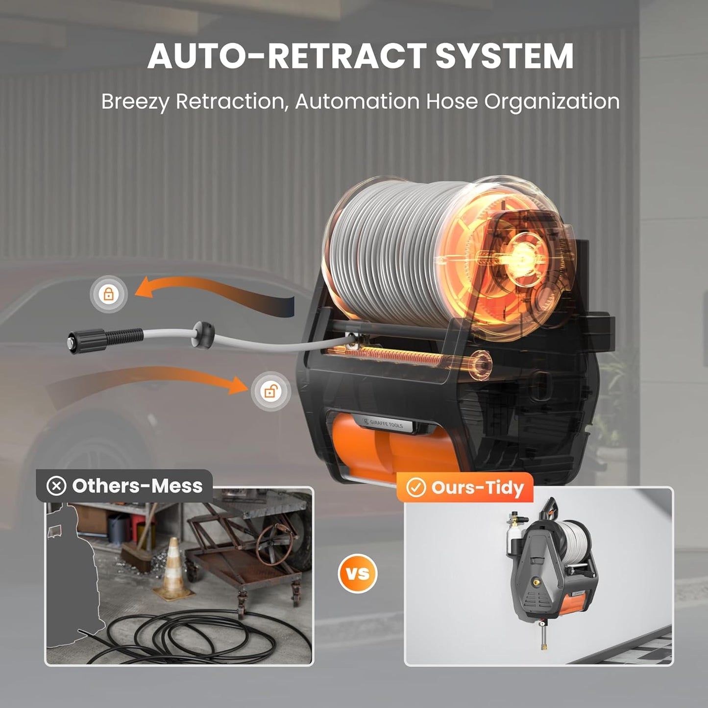 Giraffe Tools Grandfalls Pressure Washer Pro, Electric Wall Mount Power Washer with 100FT Retractable Pressure Hoses, 3700PSI, 1.6GPM, 4 Nozzles, Foam Cannon for Cars/Patios, Dark Silver