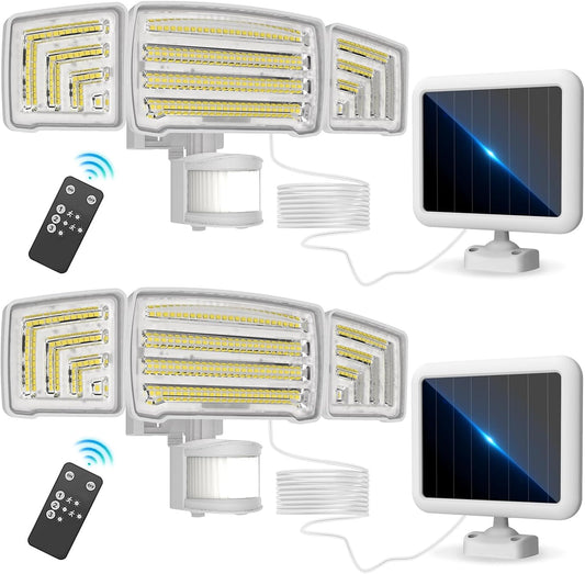 Energetic Solar Outdoor Lights, 1800LM 150 LED Security Motion Sensor Outdoor Lights with Remote Control, IP65 Waterproof Floodlight, 3 Head Motion Detected Spotlight for Garage, Pack of 2 (White)