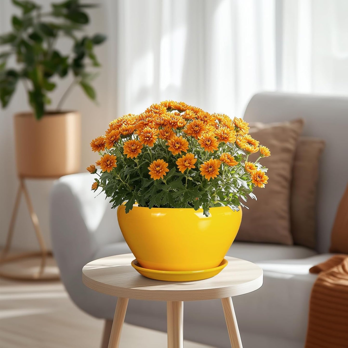 Ceramic Planter 9 Inch - Mid-Century Round Modern Plant Pot Indoor with Drainage Hole and Saucer for Outdoor Plants, Balcony House Garden Patio Home Decor, Yellow