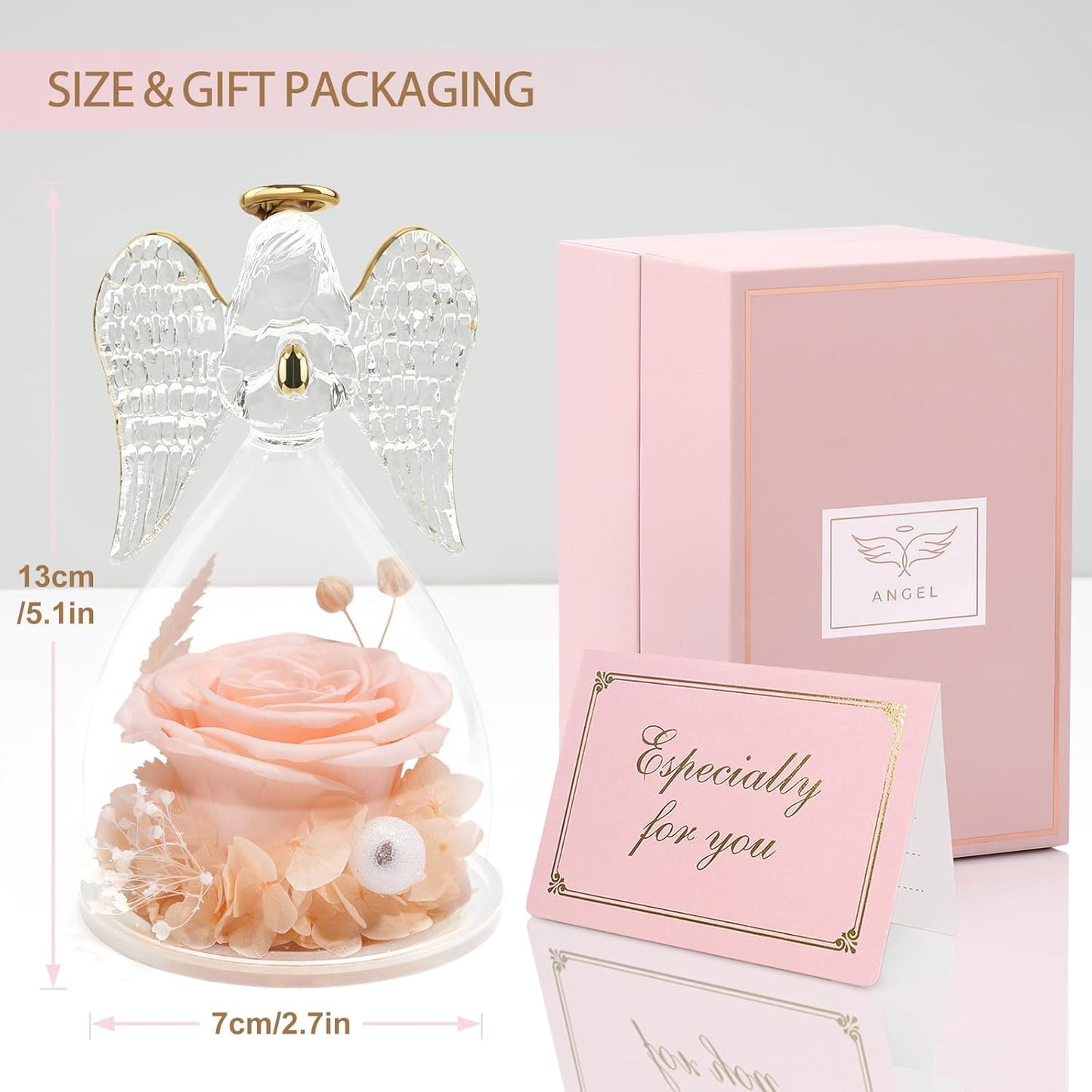 Yamonic Angel Figurine with Preserved Rose, Champagne, Gifts for Mom Grandma, Mothers Day, Christmas, Anniversary, Birthday