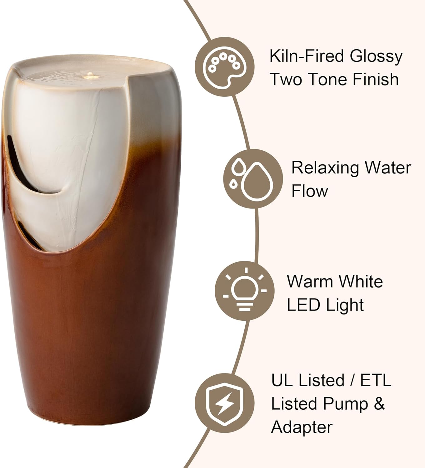 Glitzhome 29.25" H Oversized Ceramic Vase Outdoor Water Fountain, Tall Sand Beige Brown Glaze Patio Garden Water Fountain with LED Light and Submersible Pump for Garden Patio Balcony Yard Art Decor