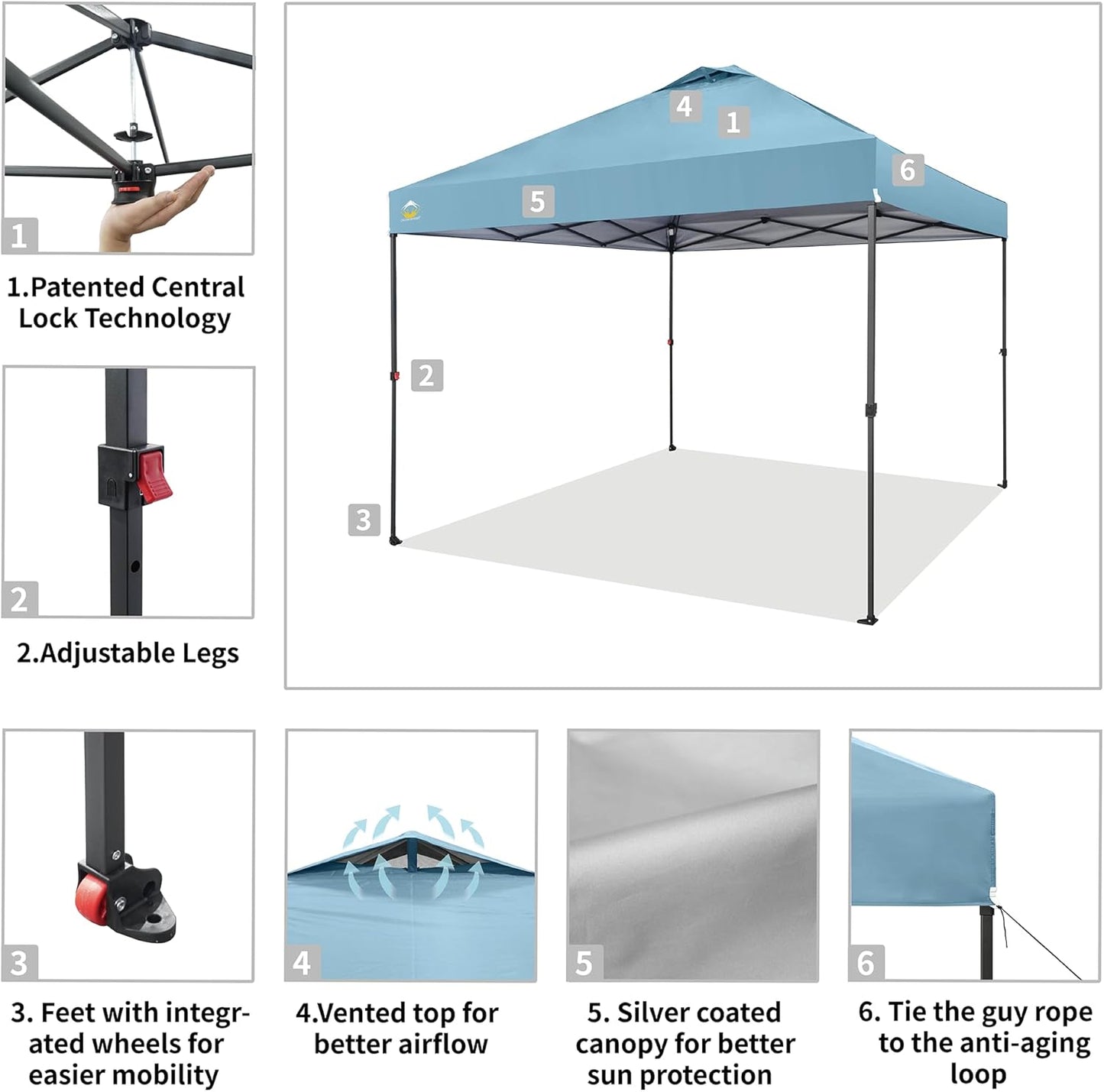 CROWN SHADES 10x10 Pop Up Canopy Tent - Patented Center Lock One Push Instant Outdoor Canopy Beach Tent with STO-N-Go Bag 8 Stakes & 4 Sand Bags，Cyan Blue