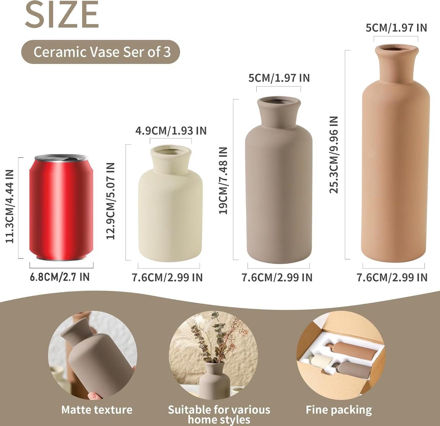 Ceramic Vase Set of 3, Flowers Neutral Modern Vases Home Decor Rustic Farmhouse Decor Pampas Vase for Table Mantel Entryway Shelf Living Room Kitchen Bathroom - Brown