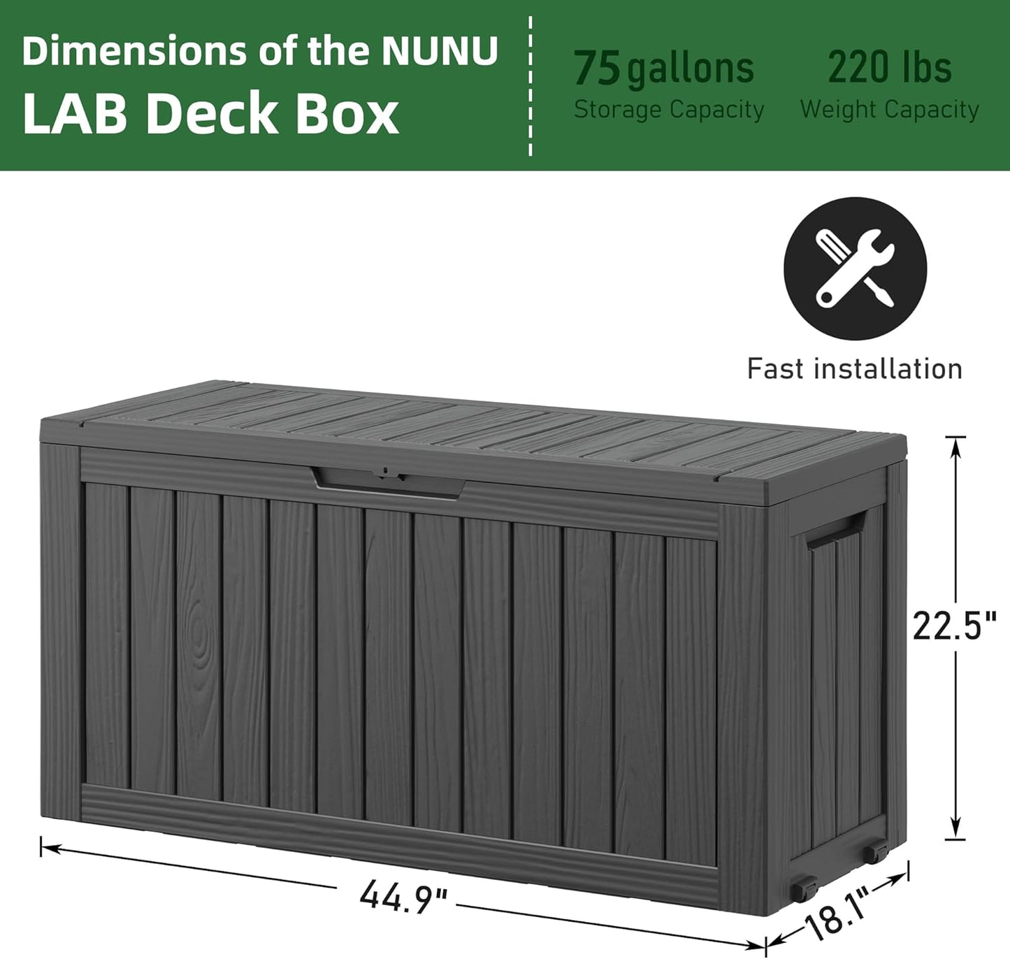 NUNU LAB 75 Gallon Outdoor Storage Box,Large Resin Sturdy Deck Box, Backyard Outside Storage Box Waterproof with Double Wall Panels,Package Delivery Garden Hose Storage Bin Outdoor Tool