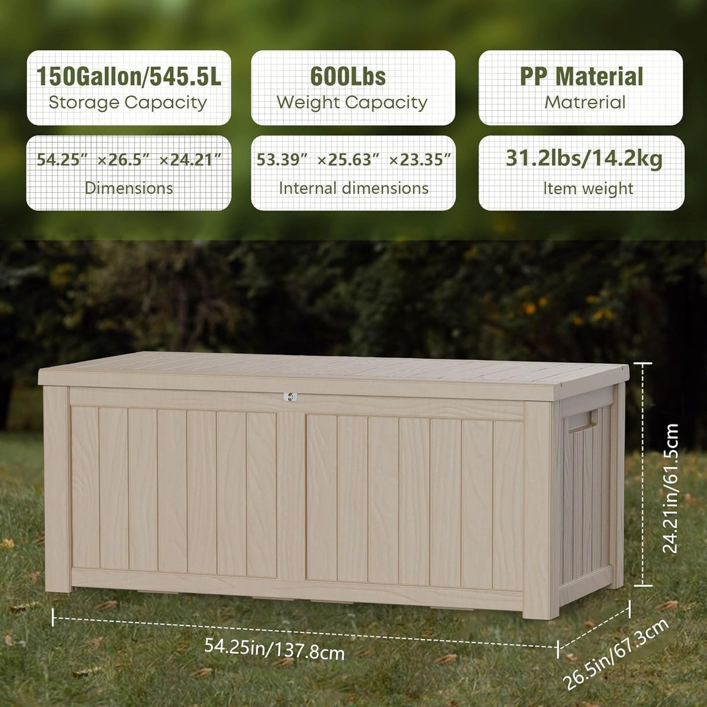 Heavy-Duty 150 Gallon Waterproof Deck Storage Boxes for Outdoor - Patio Deck Box & Pool Storage Organizer, Lockable Resin Chest for Cushions & Tools, UV-Resistant, Slate Grey