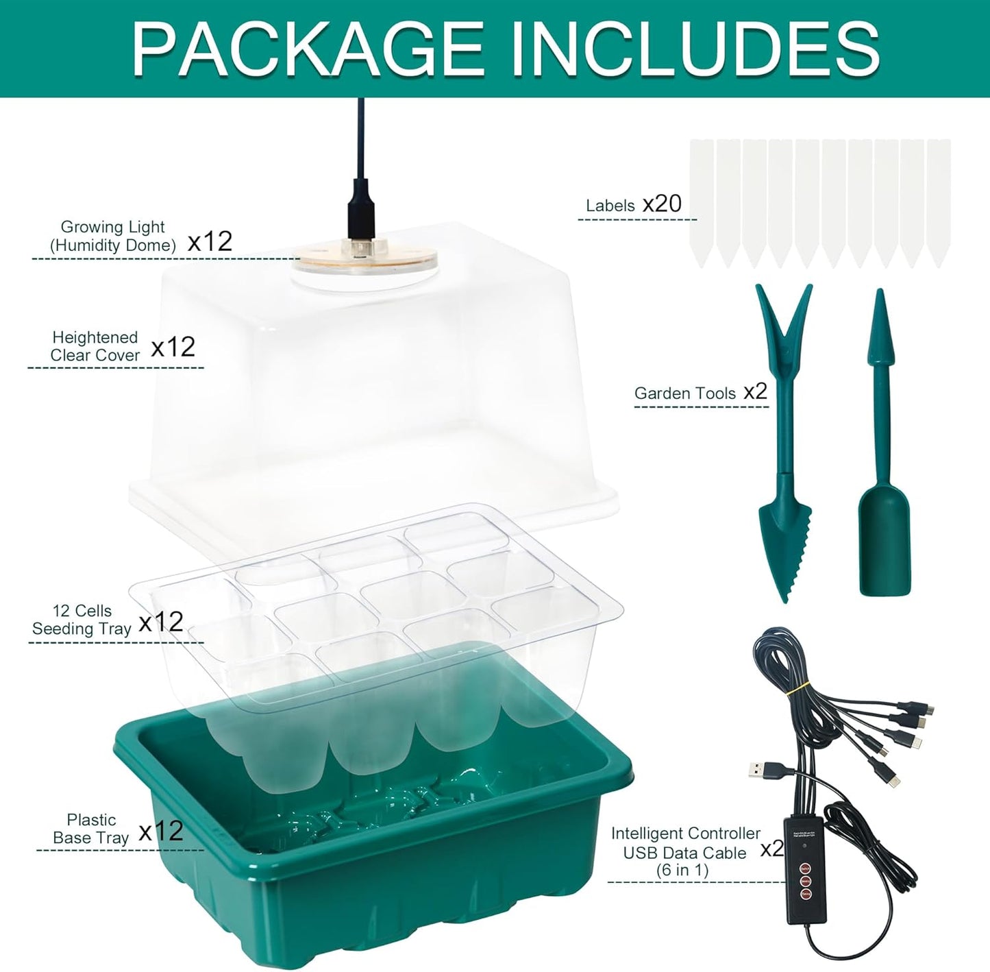 12-Set Seed Starter Tray with Grow Light, Seed Starting Trays Kits with Timing Controller Adjustable Humidity Domes Heightened Lids(12-Cells Per Tray)