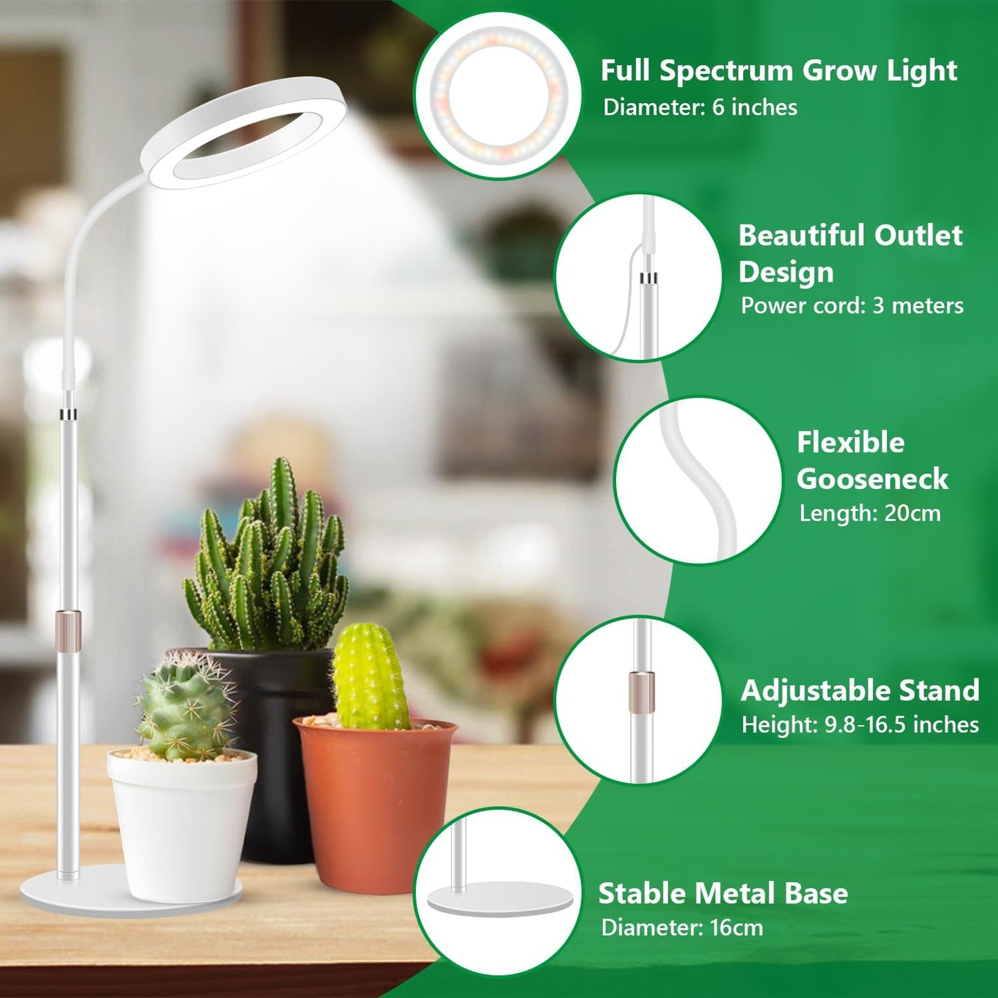 Grow Lights for Indoor Plants, 80 LED Full Spectrum Desk Plant Light for Growing Small Plant, Height Adjustable 24.5" Halo Grow Lamp with Base, 6/12/16H Timer, 3 Light Modes, 5 Dimming