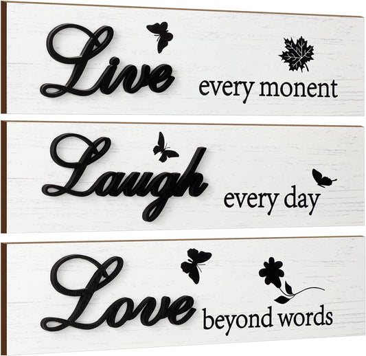 Jetec 3 Pieces Rustic Wood Sign Wall Decor Live Love Blessed Family and Love Quote Sign Farmhouse Wall Mount Decoration for Home Kitchen Living Room, 12 x 3 x 0.2 Inch(White, Black,Classic)