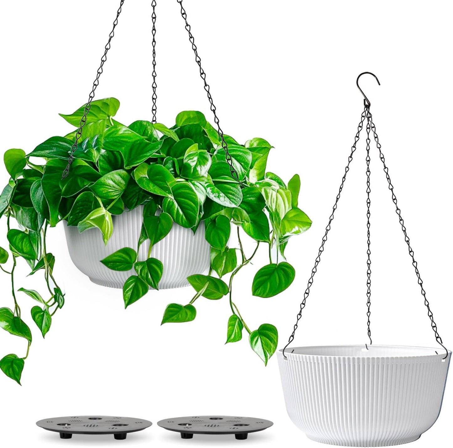 T4U Hanging Planter Self Watering 8 Inch, 2 Pack White Indoor Outdoor Hanging Plant pots, Hanging Flower Pot with Drainage Hole & Plug & Chain with 3 Hooks for Garden Home Decor