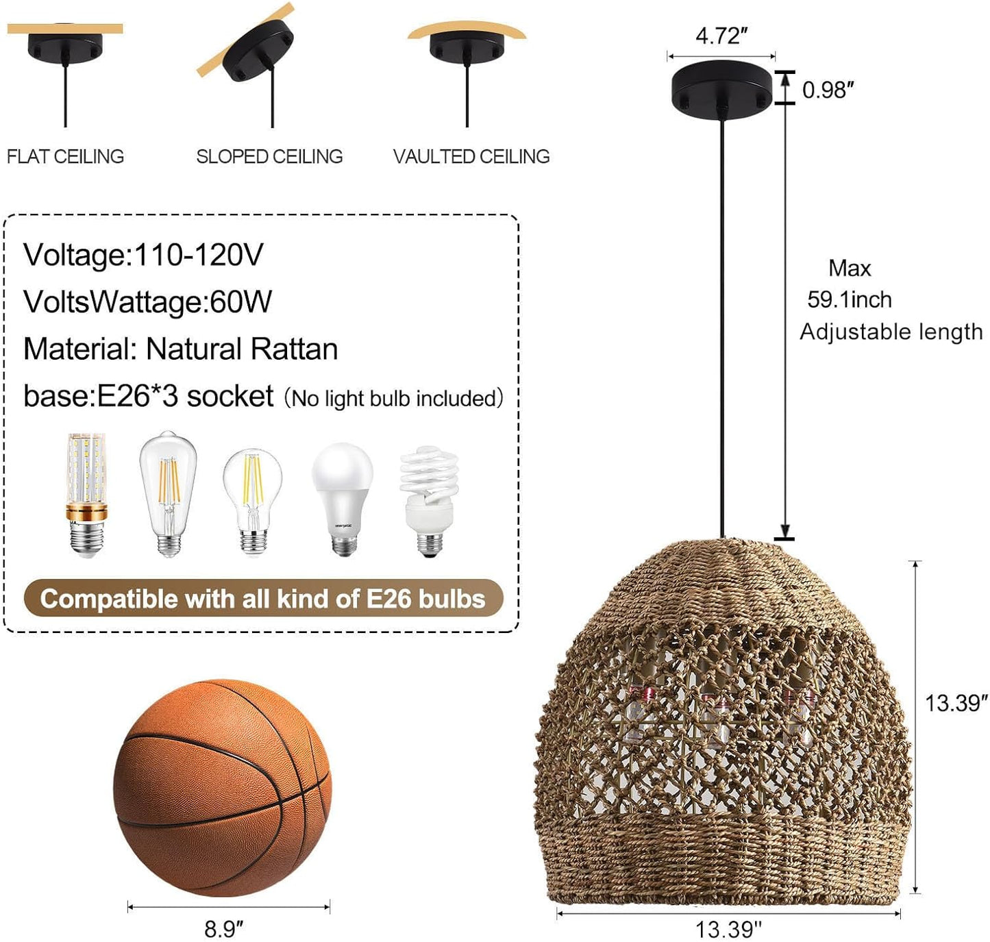 Rattan Pendant Fixtures, 13.39" Boho Wicker Chandelier,3-Light Hand-Woven Seagrass Ceiling Hanging Lights for Kitchen Islands, Dining Rooms, and Farmhouses.