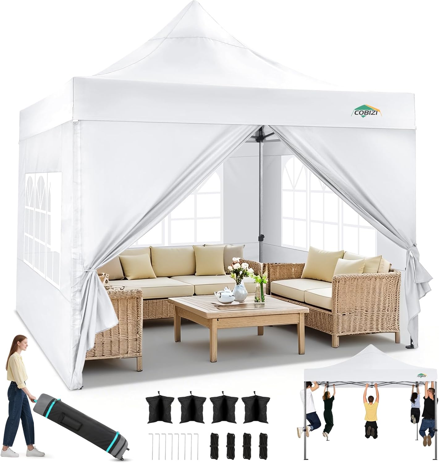 COBIZI 10x10 Pop up Canopy Tent Heavy Duty with 4 Sidewalls, Easy Set-up Commercial Outdoor Party Tent, 100% Waterproof Wedding Tent Gazebo, 3 Height Adjustable with Wheeled Bag,White