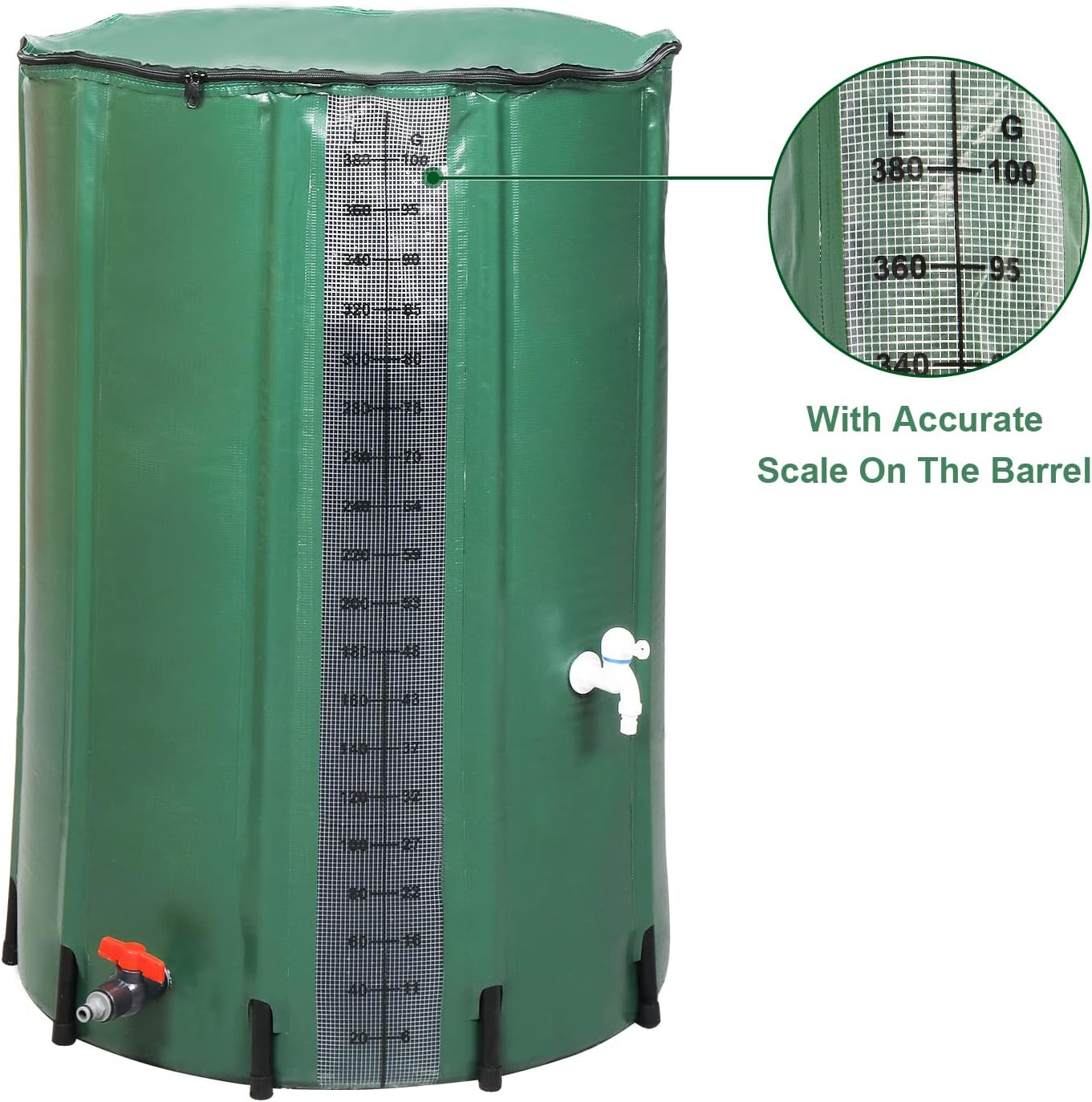 Collapsible Rain Barrel, 100 Gallon Portable Rainwater Collection System, Rain Catcher Barrel with Volume Scale Mark, Two Spigots and Overflow Kit, Rain Water Barrel Collector for Garden, Green