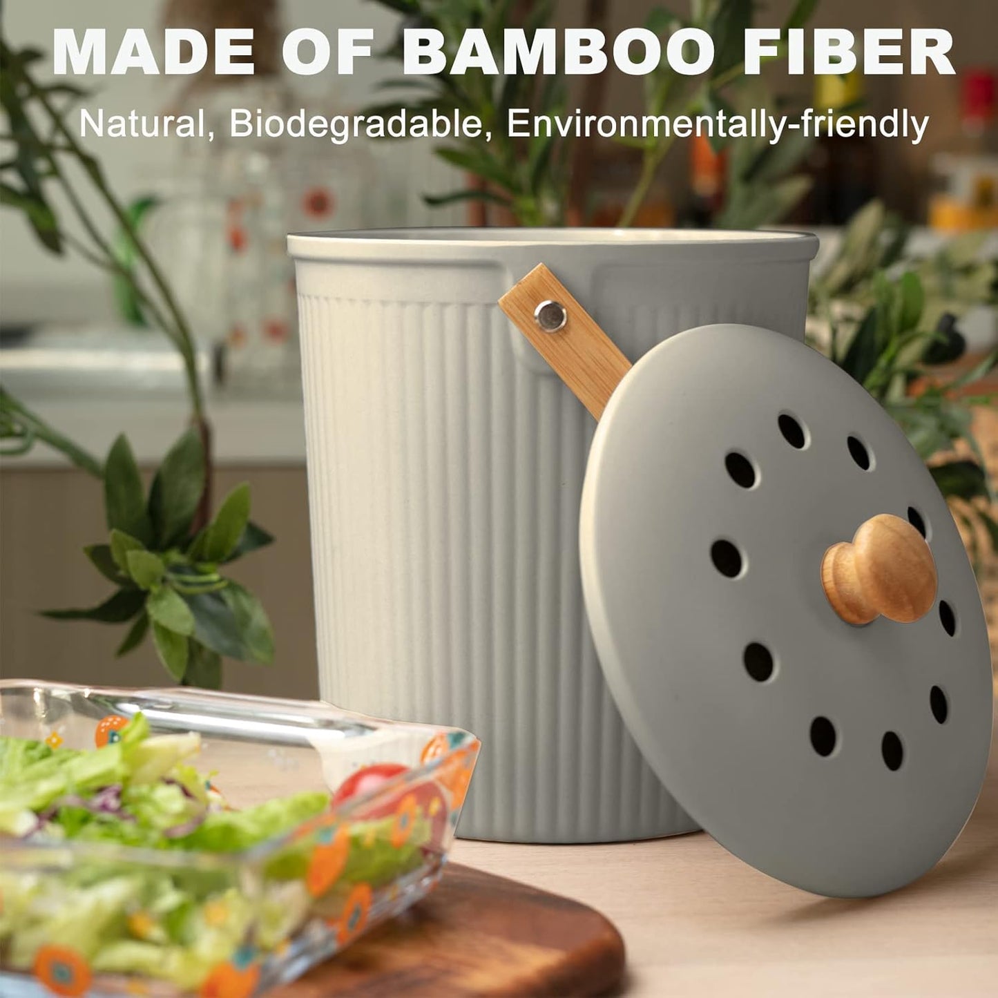 Compost Bin Kitchen, LALASTAR Countertop Compost Bin with Lid, Made of Sustainable Bamboo Fiber, Odorless Indoor Compost Bin, 1 Gallon, Grey