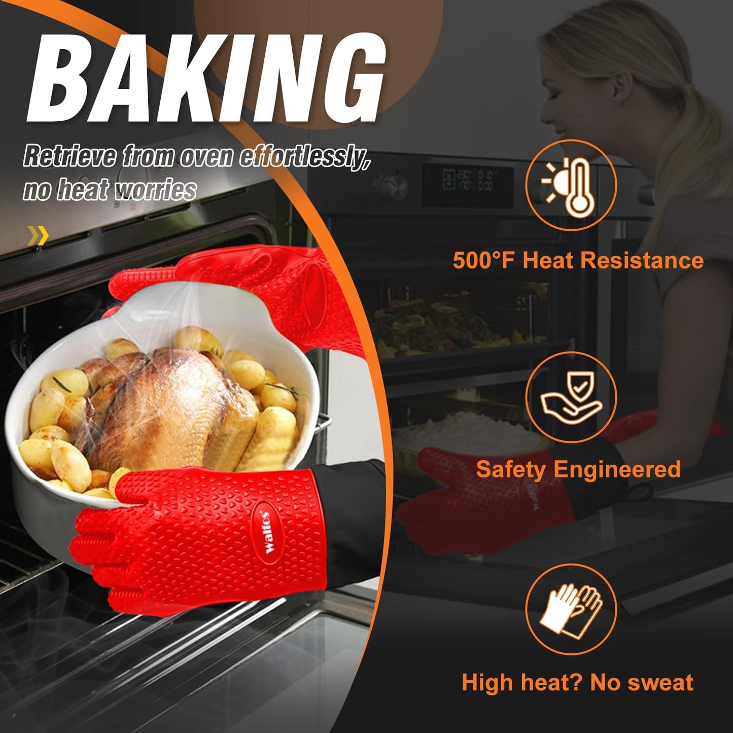 Walfos Silicone BBQ Gloves - Heat Resistant Grilling Gloves, Premium Non-Slip Kitchen Silicone Oven Mitt with Protective Cotton Layer Inside, Waterproof, Great for Grilling, Kitchen and Cooking, Red