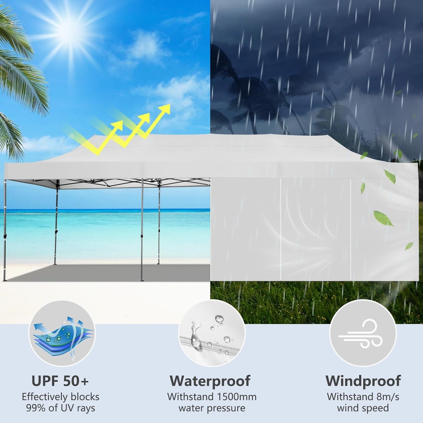 COBIZI 10x30 Pop up Canopy Heavy Duty with 8 Sidewalls, Easy Set-up Commercial Outdoor Party, 100% Waterproof Wedding Canopy Gazebo, 3 Height Adjustable with Wheeled Bag, White