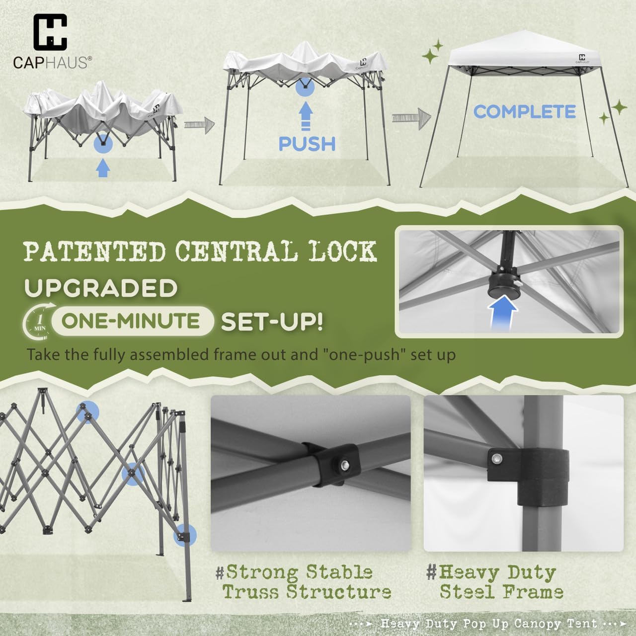 CAPHAUS One-Push Pop Up 8x8 Canopy Tent, Heavy-Duty Commercial Grade with Central Lock, Portable Instant Folding Shelter with10x10 Base, Perfect for Outdoor Beach Canopy, Dark Grey