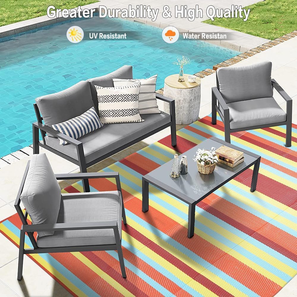 Outdoor Waterproof Rug 6'x9' Plastic Straw Rugs Washable Reversible Floor Mat Rainbow Stripe Carpet for Camping RV Deck Entryance Porch Picnic Balcony Beach Backyard