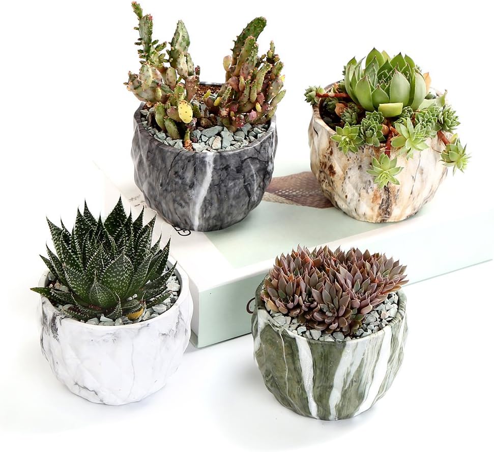 SE SUN-E Sun-E Modern Style Marbling Ceramic Flower Pot Succulent/Cactus Planter Pots Container Bonsai Planters with Hole 3.35 Inch Gift Idea(4 in Set) Plants Not Included