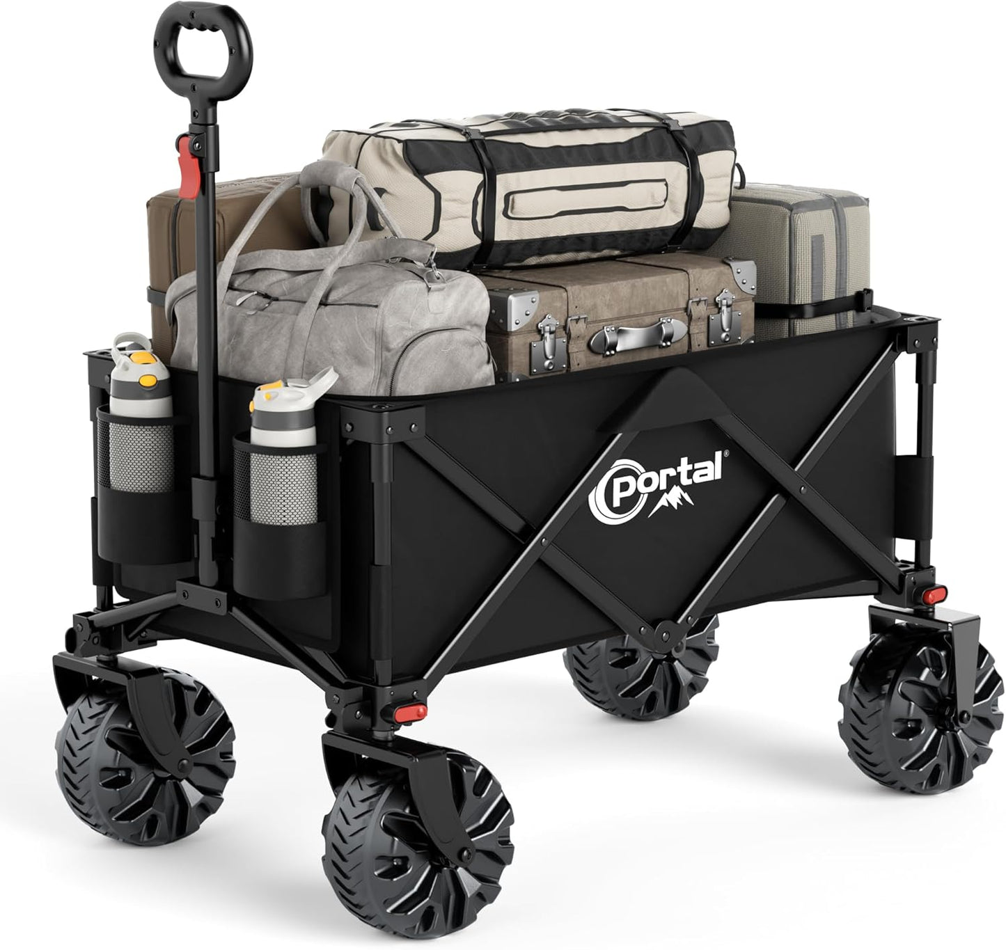 PORTAL Collapsible Folding Utility Beach Wagon Carts Heavy Duty with All Terrain Wheels for Outdoor, Camping, Garden, Shopping, Groceries, Foldable, Large Capacity, Portable, Black