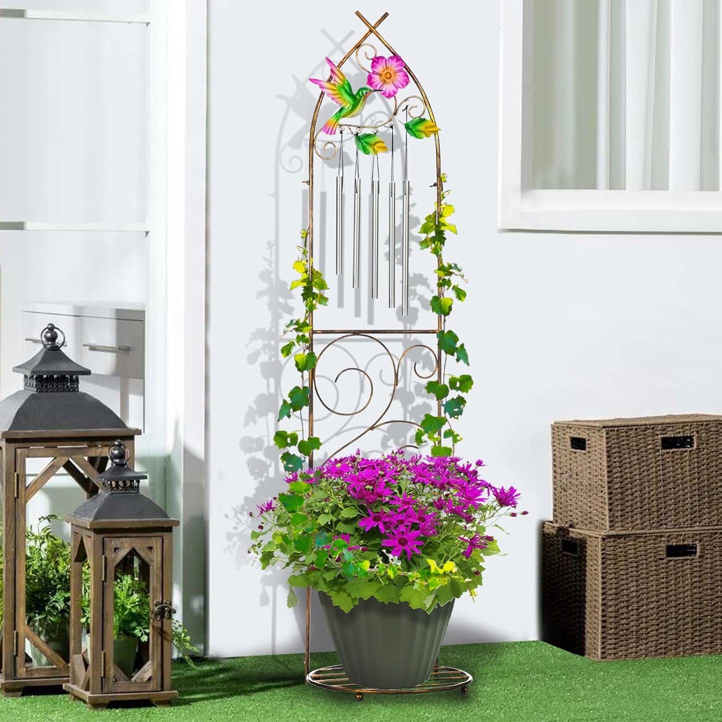 Garden Trellis with Plant Stands, 48” Metal Detachable Hummingbird Plant Pot Trellis with Wind Chimes for Climbing Plants Outdoor Lawn Patio Porches Decor