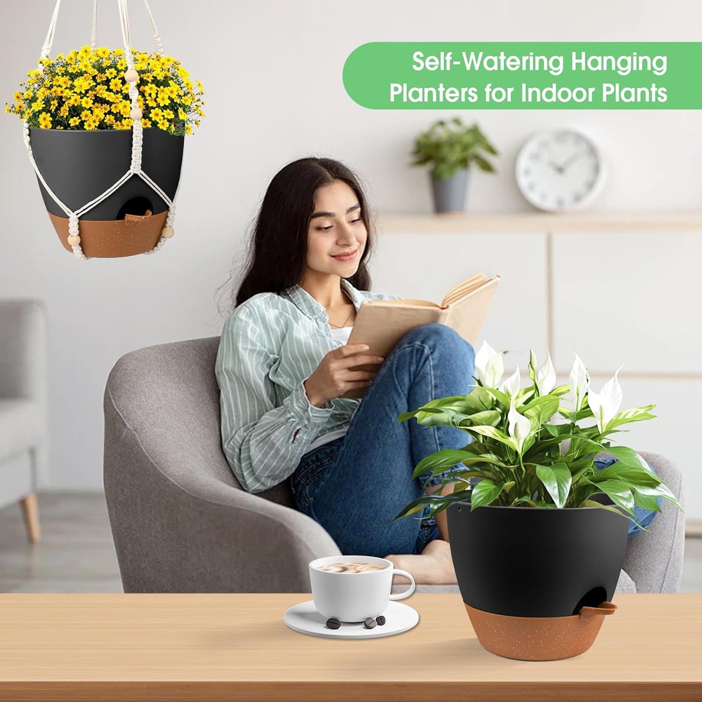 Hanging Planters for Indoor Outdoor Plants, 2 Pack Self Watering Hanging Pot with Drainage Holes, Removable Tray & 2 Kinds of Plant Hangers, 10'' Hanging Flower Pots for Home Garden Decor, Black