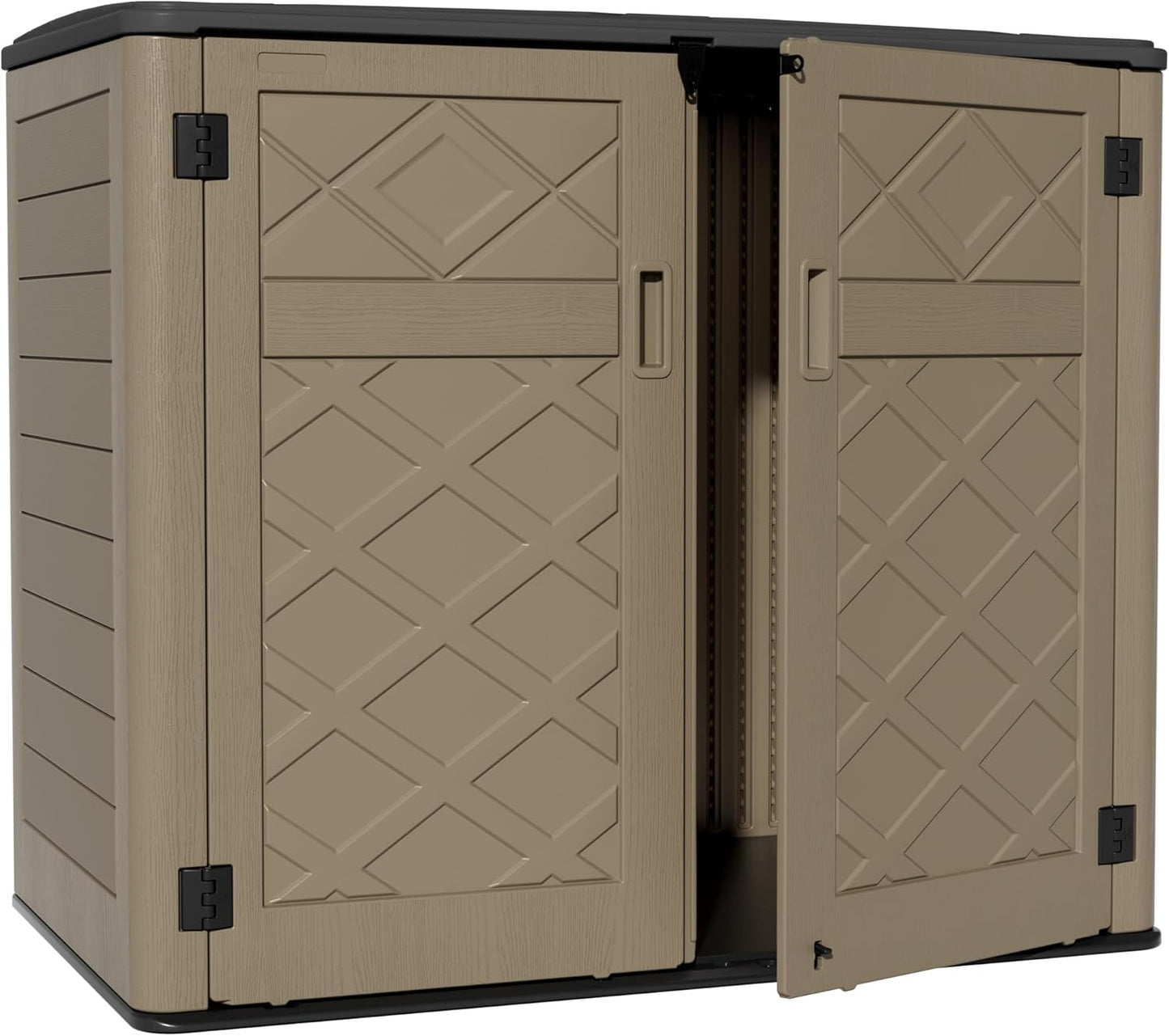ZZM Large Outdoor Storage Shed, 48 Cu Ft Resin Versatile Storage Cabinet for Patio Accessories, Trash Cans & Garden Tools, Durable Horizontal Storage Box with Lockable Lid (Coffee)