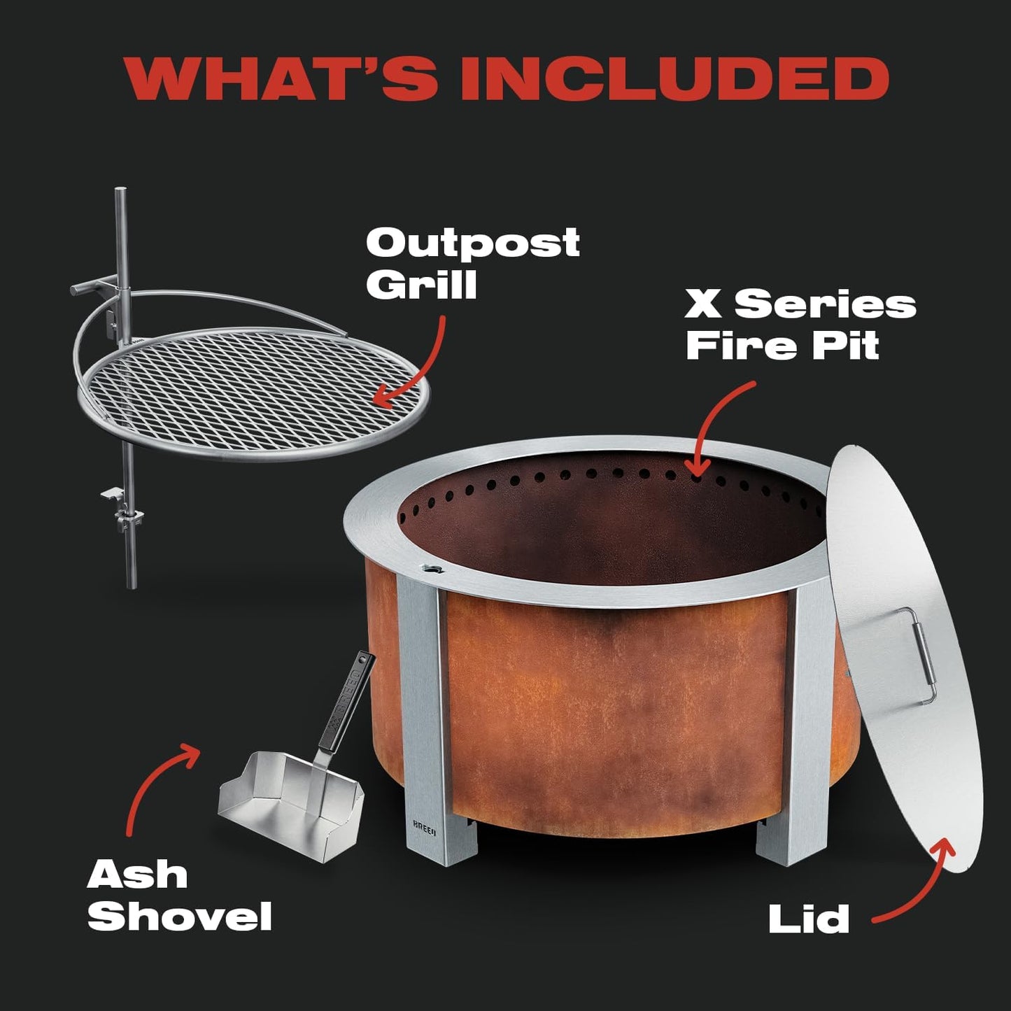 Breeo Smokeless Fire Pit Grilling Bundle (X Series 24 Corten Steel, Outpost Grill, Ash Shovel, & Lid) | 27.5 inch Smokeless Firepit for Outside | Ideal for Families