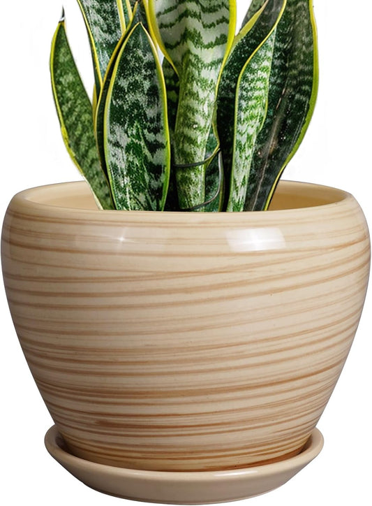 Planter 8 Inch - Indoor/Outdoor Ceramic Plant Pot With Drainage Hole and Saucer, Round Modern Flower Planter for Succulents, House, Patio - Yellow