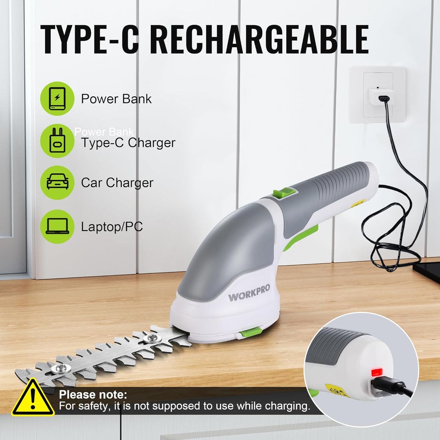 WORKPRO Cordless Grass Shear & Shrubbery Trimmer - 2 in 1 Handheld Hedge Trimmer Electric Grass Trimmer Hedge Shears/Grass Cutter Rechargeable Lithium-Ion Battery and Type-C Cable Included (White)