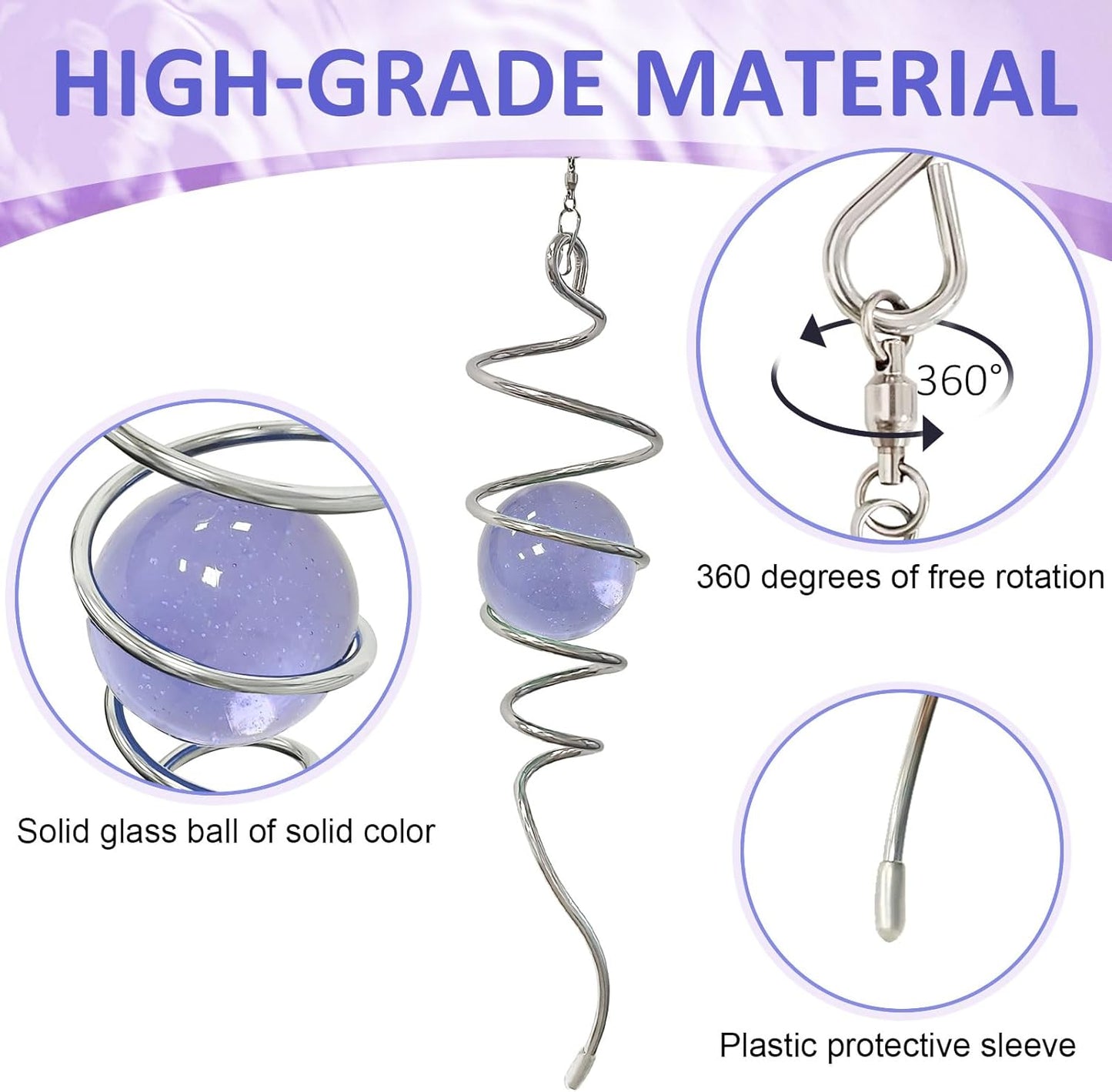 Gazing Ball Spiral Tail, Wind Spinner Stabilizer with Purple Glass Orb | 13-Inch Sun Catcher Rainbow Maker, Mesmerizing Rotating Art for Outdoor Garden Yard | Unique Hanging Decor & Gift
