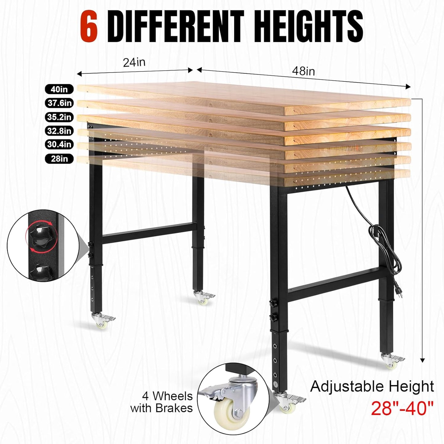 48" L×24”W Adjustable Workbench with Wheels, 28”-40”Height Heavy Duty Table 2000 LBS Load Capacity, Work Bench with Power Outlet & Pegboard, Rubber Wood Work Table for Garage, Office, Workshop