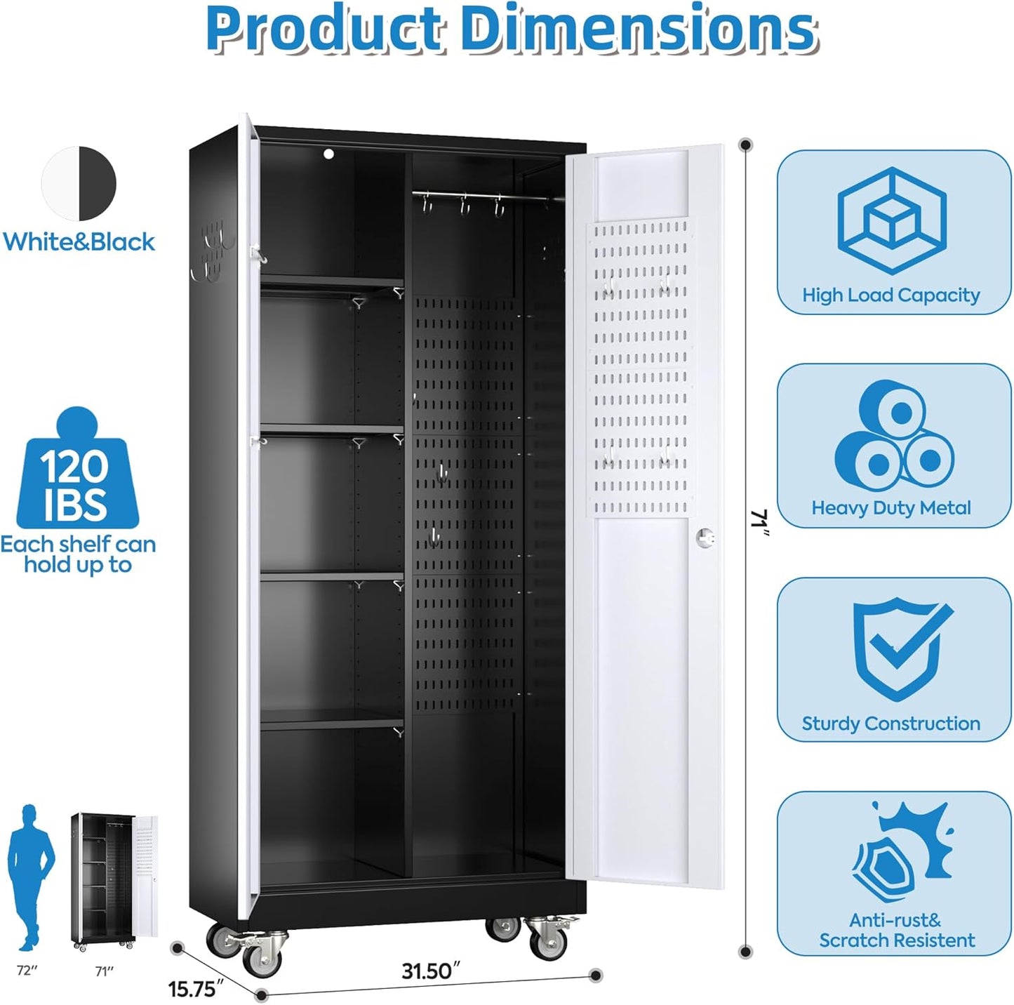 Broom Closet Storage Cabinet with Hanging Rod, 71" H Metal Garage Storage Cabinet with Wheels and 4 Adjustable Shelves, Locking Broom Closet with 13 Hooks for Garage, Bathroom, Home