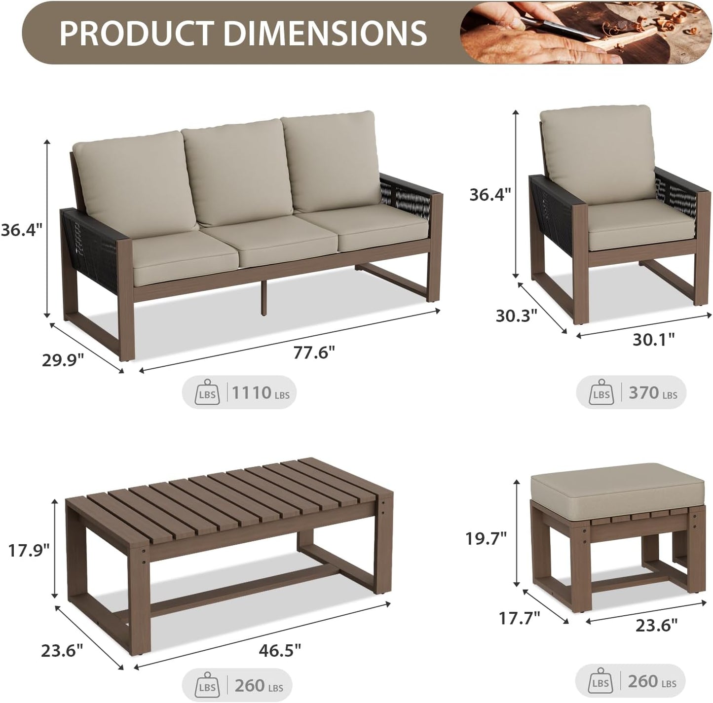EAGLE PEAK Natural Wood Outdoor Patio Furniture, Cedar Furniture, Conversation Set, Outdoor Seating for Deck Patio Porch, Sofa 2 Chairs 2 Ottomans & Coffee Table, 6 Pieces, Brown/Beige
