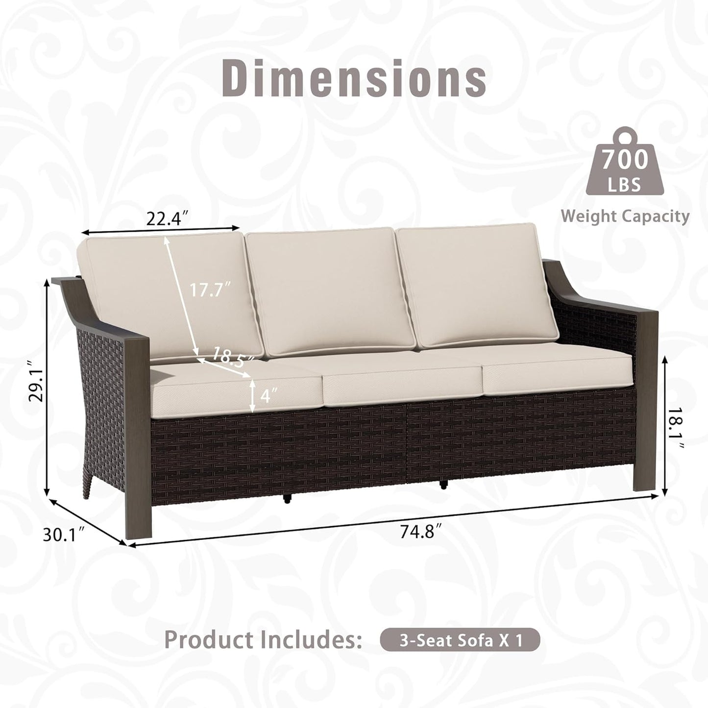 74 Inch Patio 3-Seater Sofa,PE Wicker Outdoor Lounge with Thick Removable Water-Resistant Cushions, Rust-Proof Steel Frame, 900LBS Capacity, Beige
