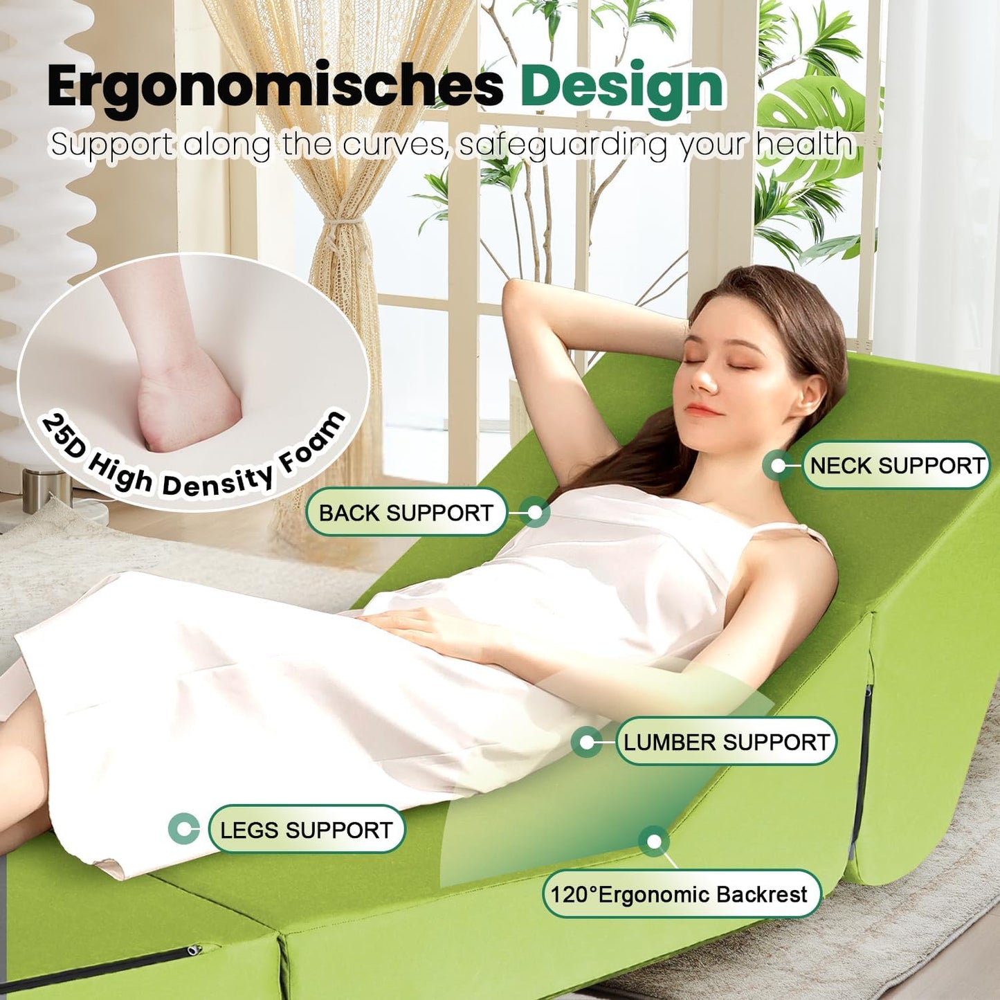 jela Outdoor Chaise Lounge, Waterproof Folding Sofa Bed Lounge Chair, UV Resistant Folding Lounge Chair with Machine Washable Cover, Soft Foam Patio Sofa Chairs Pool Lounge Chaise Chairs (Green)