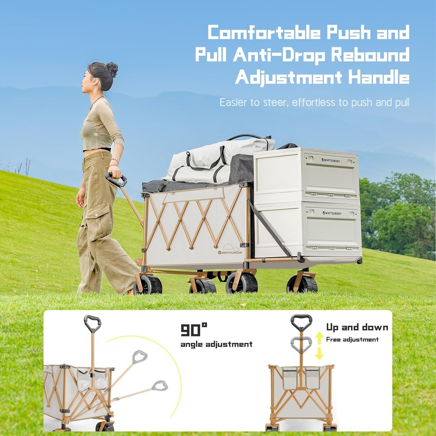 Whitsunday Collapsible Folding Wagon with Table, Heavy Duty Utility Beach Wagons with Opened Tailgate and All-Terrain Wheels for Camping,Garden,Sports (Max Beige)