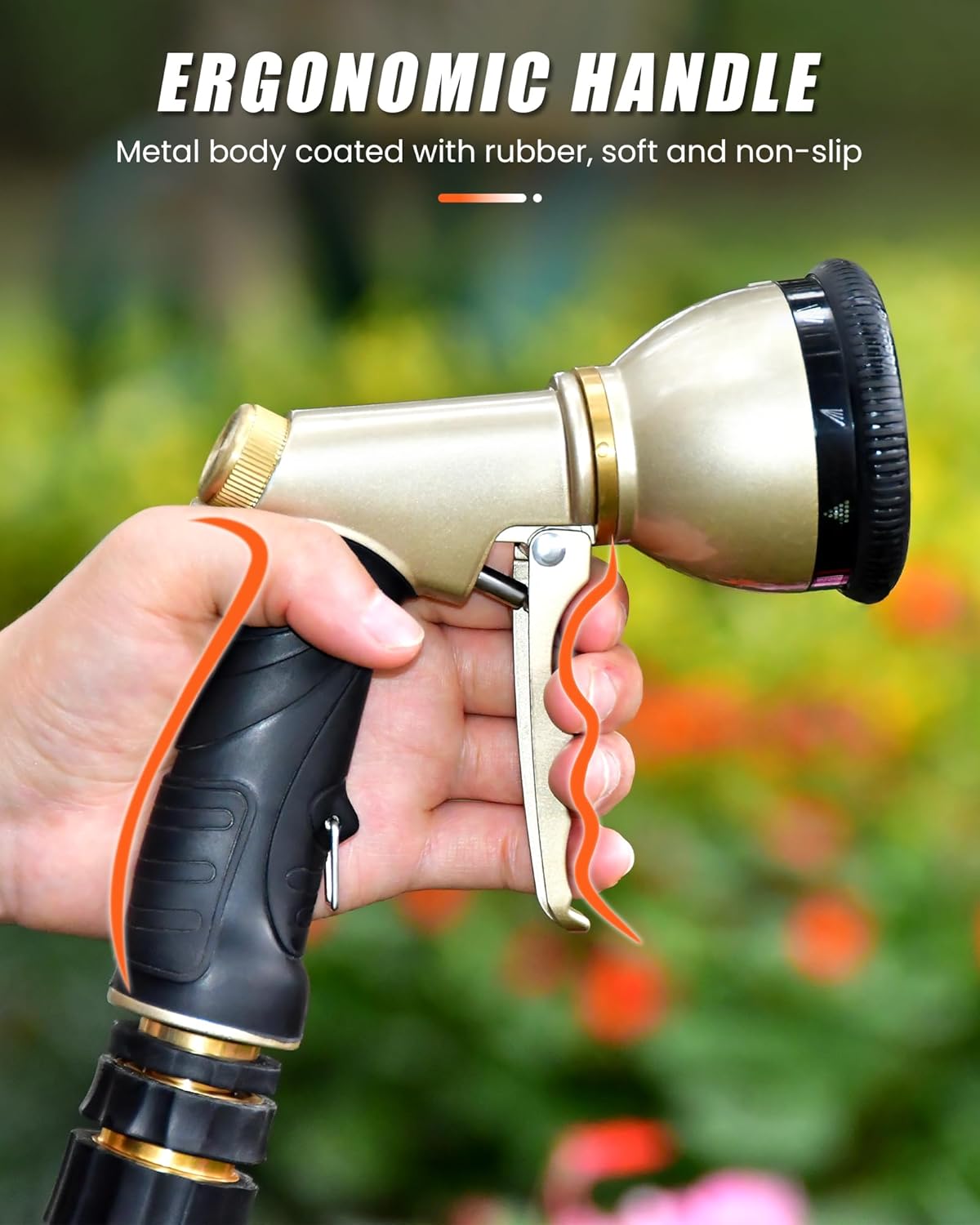 RAINPOINT Garden Hose Nozzle, Hose Sprayer Nozzle with 9 Spray Patterns, High Pressure Water Hose Nozzle Heavy Duty Metal Hand Sprayer, Watering Plants and Lawn,Orange