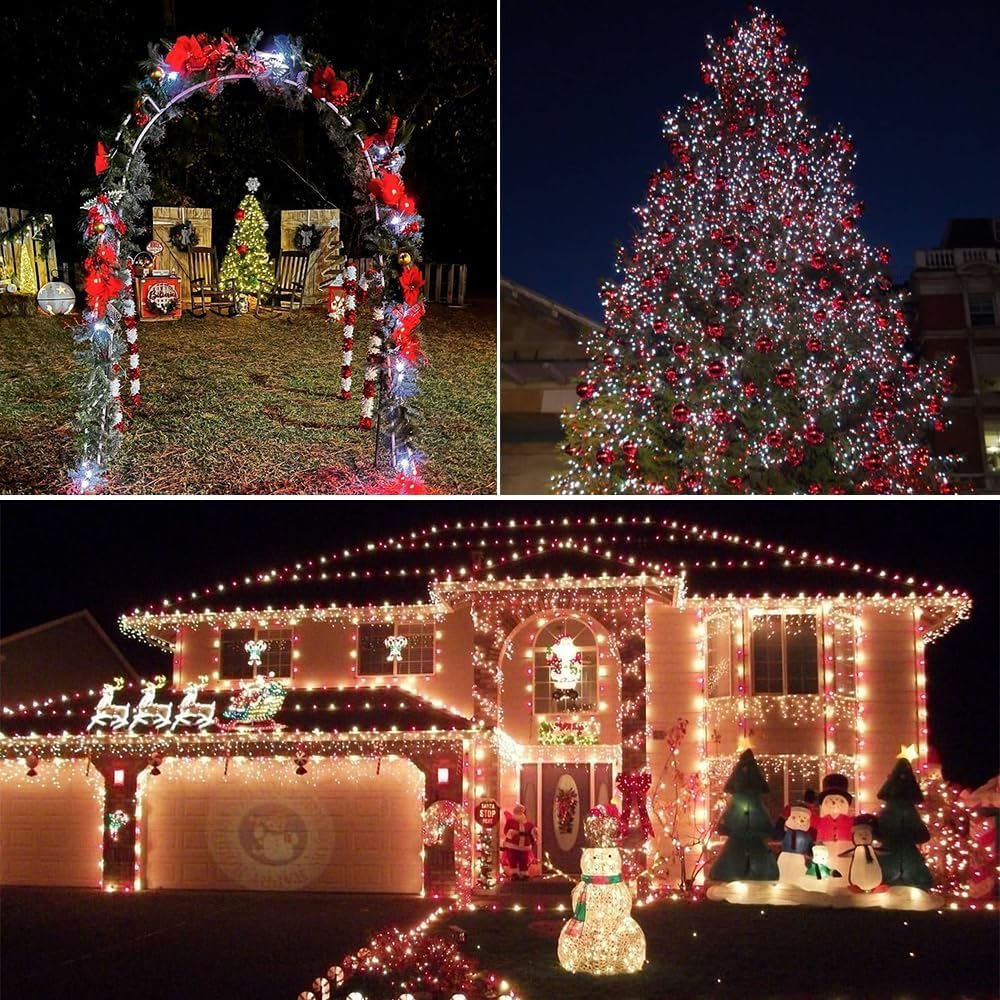 2 Pack 200 LED Solar Christmas Lights Outdoor Waterproof, Solar String Lights for Outside, Solar Outdoor String Light with 8 Lighting Modes for Xmas Tree Wedding Party Yard Decorations (Red and White)