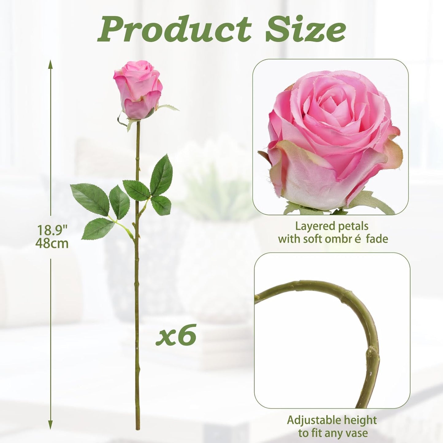 Briful Pink Artificial Roses – 6PCS 18.9" Silk Rose Faux Flowers with Long Stems Realistic Fake Rose Bouquet for DIY Wedding Arrangements Table Vase Centerpieces Home Event Decor