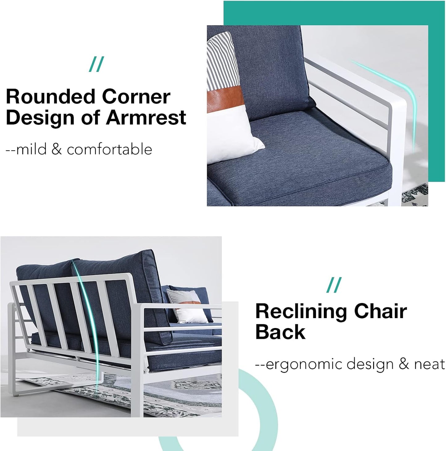 Patiorama Aluminum Patio Furniture Set, Outdoor Patio Loveseat, 2 Seat Sofa Couch, All Weather White Metal Chair with Olefin Cushion, Deep Seating, 600 lbs Capacity, Deck, Garden-Blue Cushion