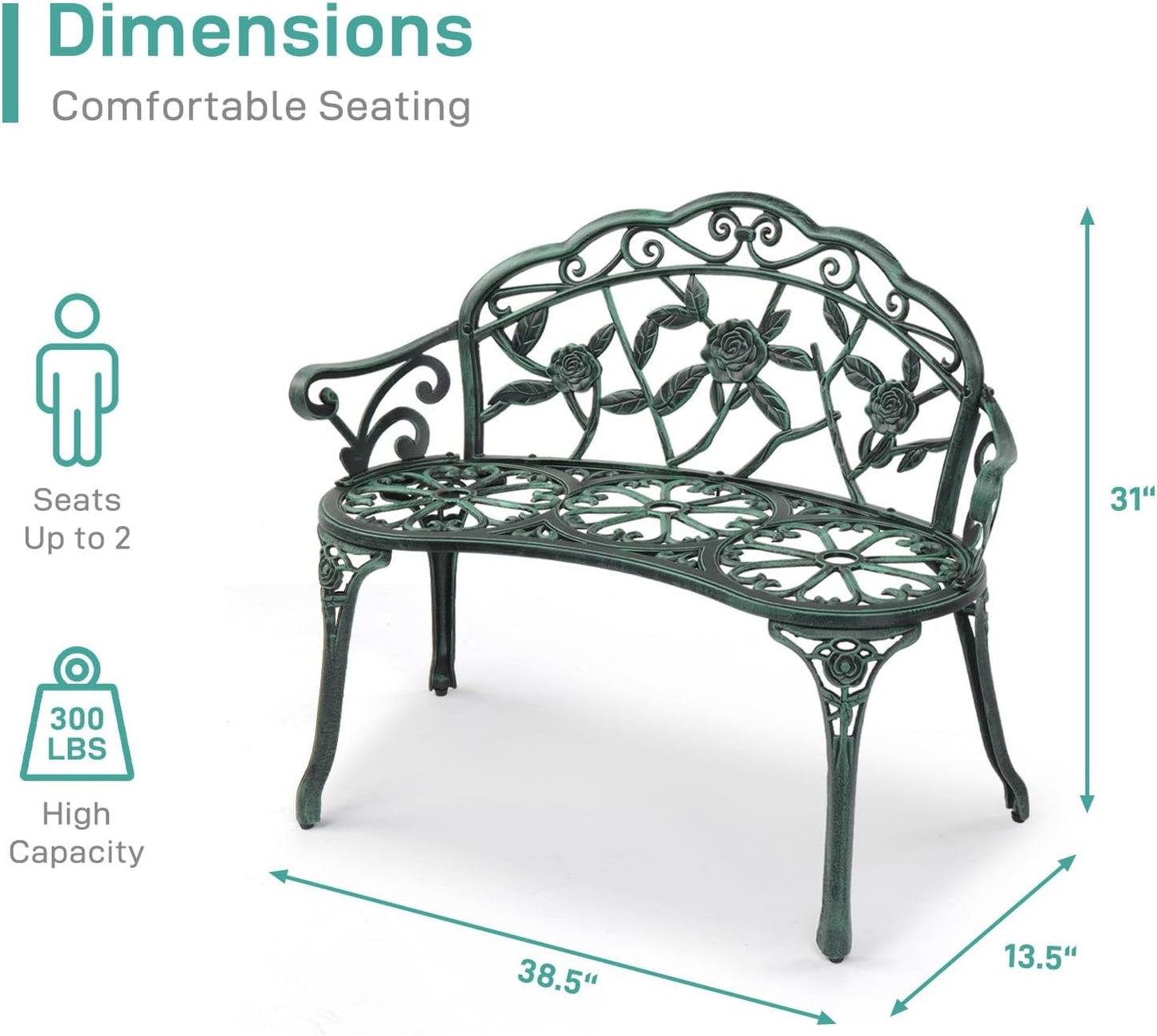 VINGLI 38.5" Patio Park Garden Outdoor Metal Rose Bench,Cast Iron Cast Aluminium Frame Antique Finish Chair,Accented Lawn Front Porch Path Yard Decor Deck Furniture for 2 Person Seat（Green&Black