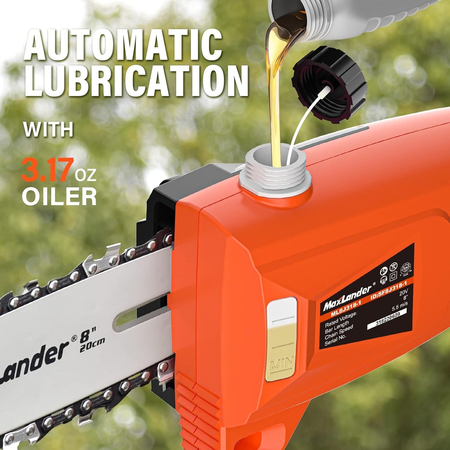 Pole Saw 8-Inch Cordless Pole Saws for Tree Trimming, 15-Feet MAX Reach Electric Pole Saw, 16ft/s Cutting Speed Auto Oiling Multi-Angle Pole Chainsaw with 2 x 20V 2.0Ah Battery & Charger