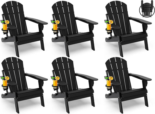 GREENVINES Folding-Adirondack-Chairs-Set-of-6 | HDPE Plastic | Fire Pit Chair | All Weather | Cup Holder | Black | for Deck Backyard Patio Outdoor Garden