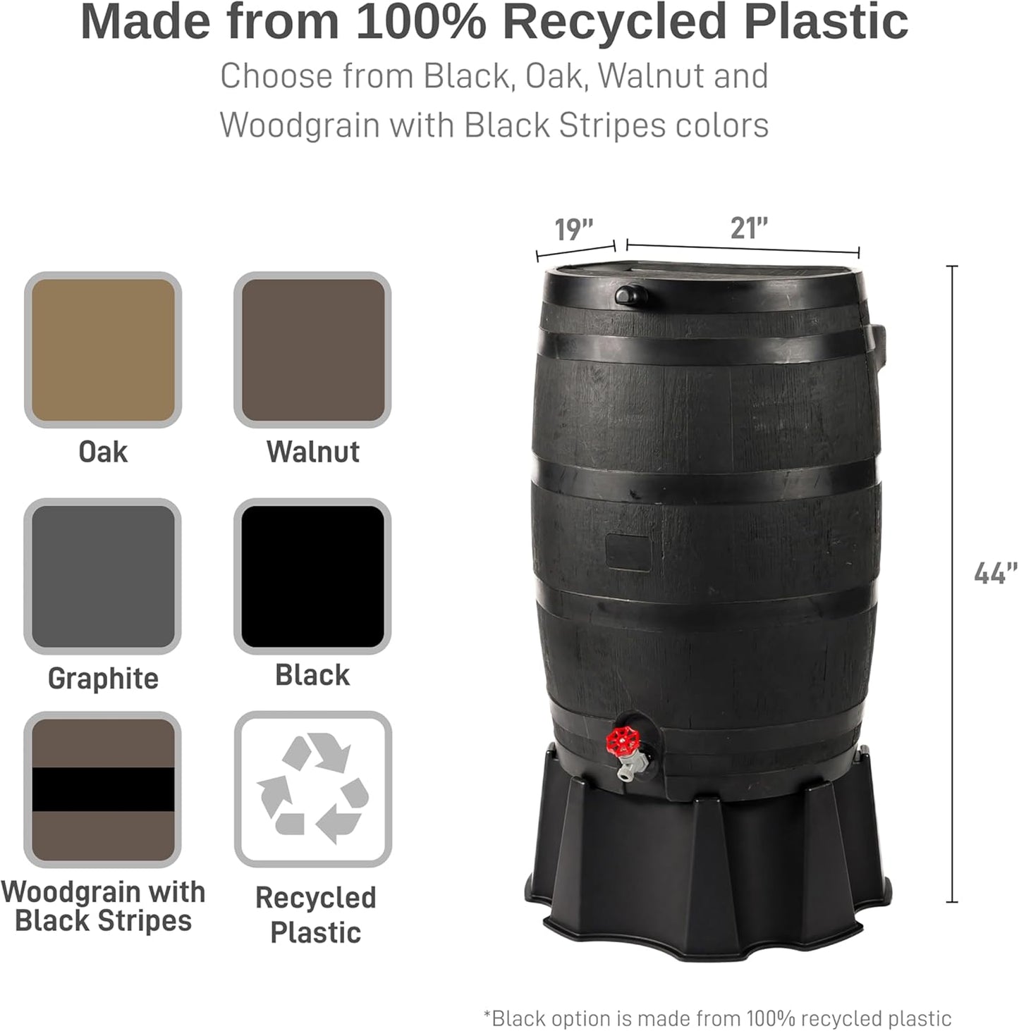 50-Gallon ECO Rain Barrel Made with 100% Recycled Plastic, Flat Back Rain Water Collection Barrel, Stand and Link Kit Included, Black (2 Pack)