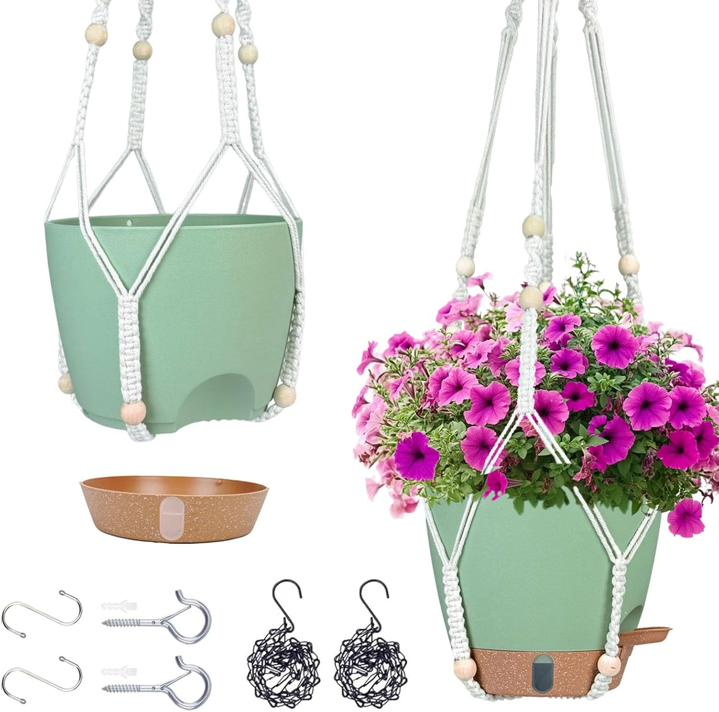 Hanging Planter for Indoor Plants 8 Inch, 2 Pack Self Watering Hanging Baskets for Plants, Hanging Flower Pots with Drainage Hole & 2 Kinds of Plant Hangers for Garden Home Decor (Green, 8 inch)