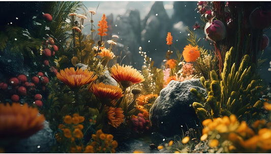 Foggy Stone Terrarium Background Green Seaweed Scenery Orange Floral Aquarium Background Durable Reptile Habitat Flower Background Mysterious Tank Backdrop Vinyl 72x18in